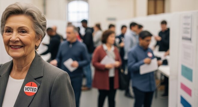 Smiling Senior Woman with I Voted Sticker at a Busy Polling Place.