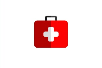Fototapeta premium Minimalist red medical kit with white cross icon on white background