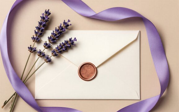 Lavender sprigs and purple ribbon frame a sealed envelope evoking