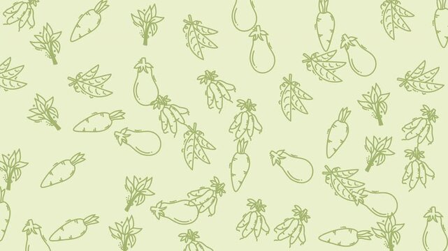 Pattern of carrots, eggplants, and leafy green vegetables ideal for food blogs, cookbook covers, healthy eating websites, and vegetarian restaurants.