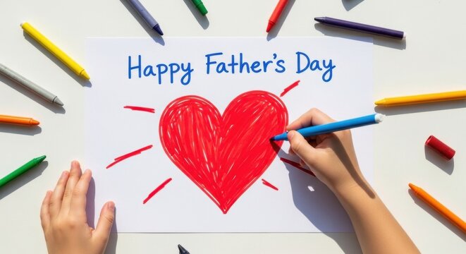 Childs Hand Drawing a Red Heart and Happy Fathers Day Message with Colorful Markers on White Paper.