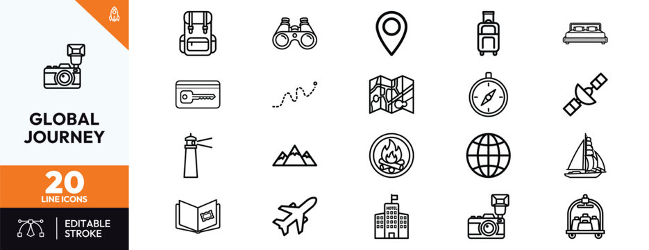 A set of 20 travel and adventure line icons featuring backpack binoculars location pin suitcase hotel bed map compass lighthouse mountains airplane globe sailboat and camera symbols.