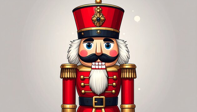 A cartoon depiction of a traditional holiday soldier-shaped ornament. The figure is brightly colored with gold accents