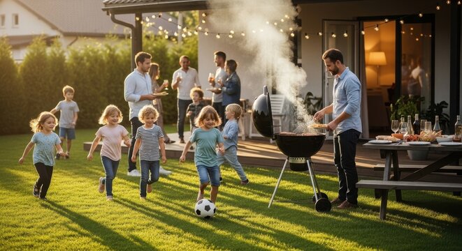 Family and friends gather for a lively backyard barbecue, with children playing soccer and adults socializing.