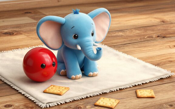Cute blue elephant sits on rug with red ball and crackers nearby.