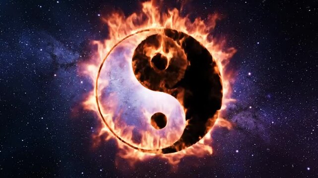 Fiery Yin Yang Symbol in Space Illustrating Balance and Harmony with Burning Flames Against the Night Sky