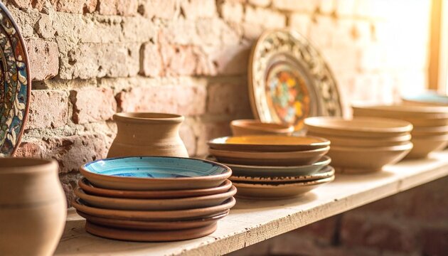 Ceramic plates displayed on wooden shelf