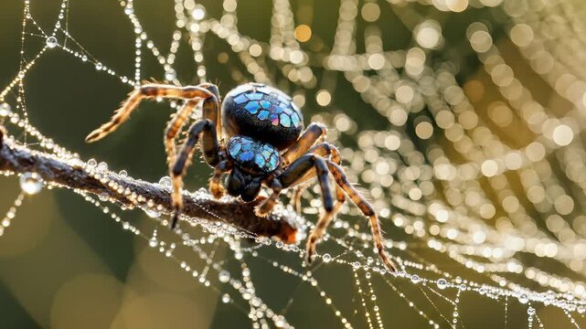 Macro shot of a vibrant blue spider on a dewcovered web.