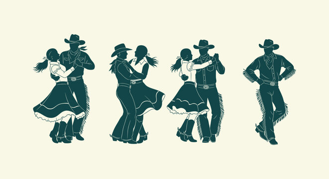 Traditional Country Western Swing Dancing Couple Silhouettes for Barn Dance or Cowboy Festivals