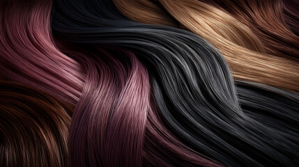 Fototapeta premium luxury hair color swatches on dark background, professional glossy hair dye palette, realistic wavy hair texture collection