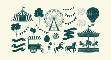 Carnival Amusement Park Silhouette Elements with Carousel Ferris Wheel Circus Tent and Balloons Set © vectorial