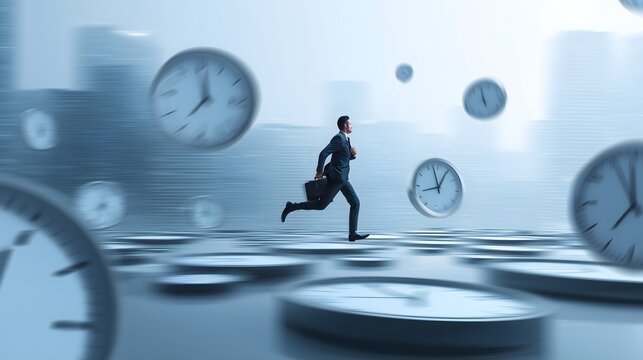 Businessman running through floating clocks, time pressure and deadline concept