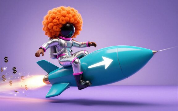 Astronaut with curly hair rides rocket money symbols float nearby.
