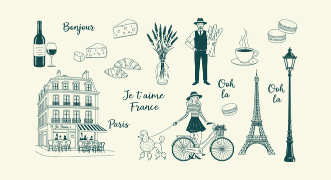 Paris France cultural landmarks and icons set with Eiffel Tower macarons wine and hand-drawn art.