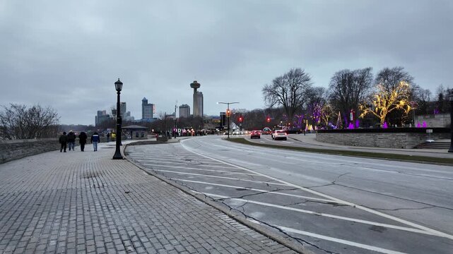 Winter Evening in Downtown Niagara Falls Canada During Christmas Time