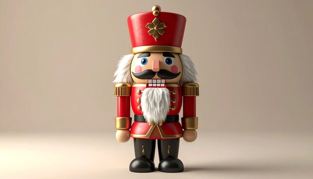 A classically styled toy soldier in a uniform stands at attention. Its white beard, mustache, and cap are prominent