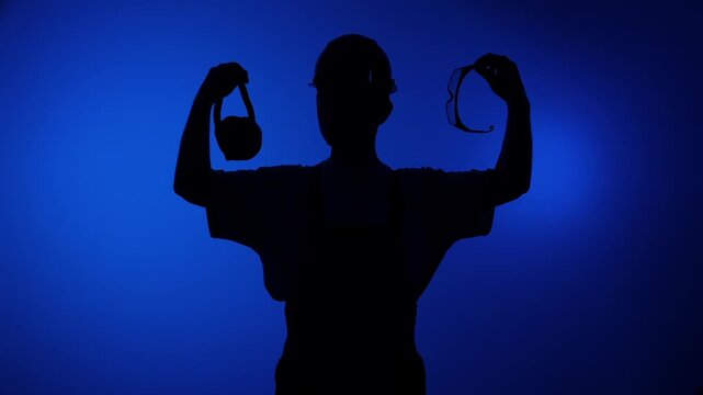 Worker silhouette against a vibrant blue background, raising safety earmuffs and goggles, emphasizing the importance of personal protective equipment in industrial and construction settings