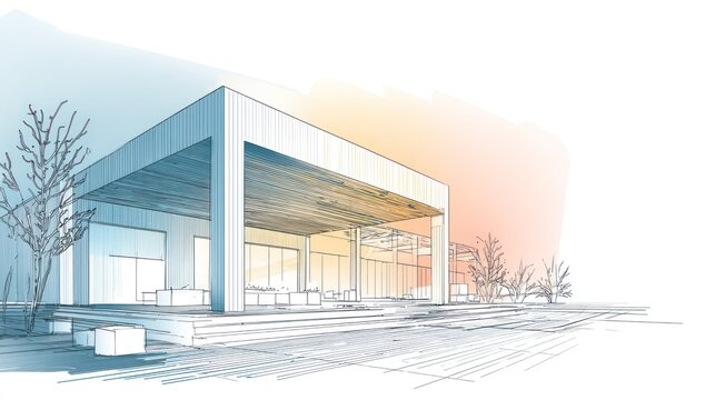 Architectural sketch of a modern building with a patio