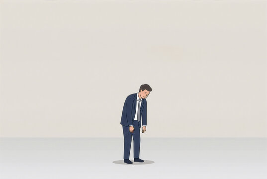 広大な余白の中にひとりうなだれるビジネスマン・深い孤独と虚無感を表すミニマルラインアートイラスト