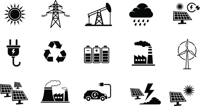 Energy and power icons set including solar wind oil electricity recycling battery factory symbols, renewable and nonrenewable resources flat vector illustration