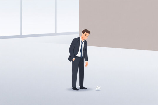 足元の丸めた紙を見つめてうなだれるビジネスマン・アイデアの挫折と企画失敗を表すフラットイラスト
