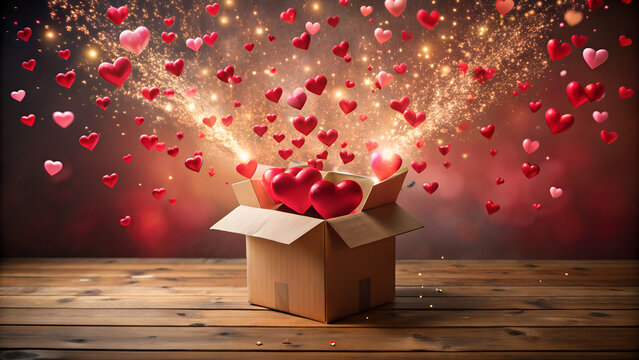 Open cardboard box with flying red hearts and magic golden sparks on wooden floor background