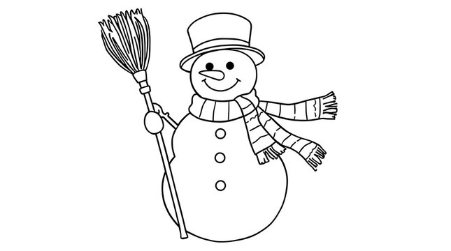 Cheerful snowman with a broom and striped scarf, ready for winter fun
