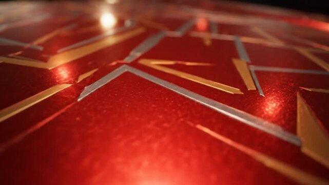 Red metallic surface with intricate gold and silver geometric patterns reflecting light, abstract background