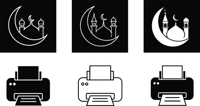 Ramadan Moon and Mosque Icon Collection Featuring Islamic Crescent Symbols and Printer Devices in Solid and Outline Vector Design Set