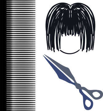 A hairdressing kit. Items include a comb, wig, and scissors.