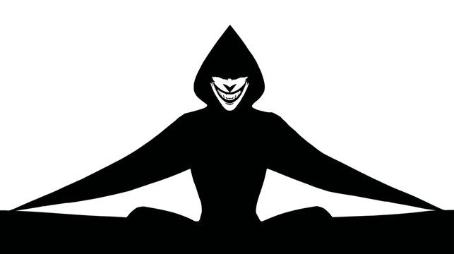 Mysterious hooded figure silhouette with a creepy, grinning face. A sinister and evil character illustration.