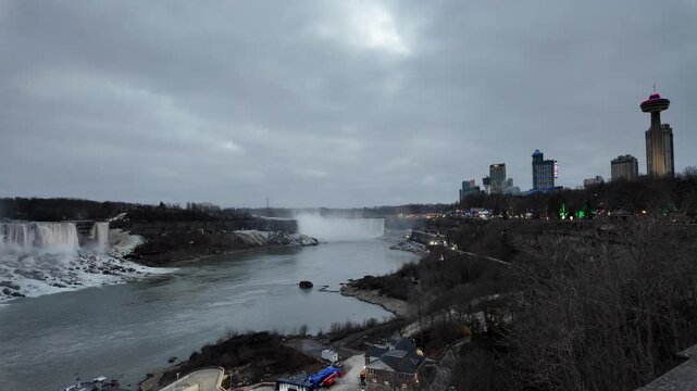 Wide Angle View of Niagara Falls With Hotels in Canada