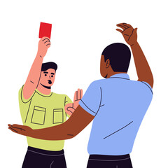 vector of a soccer referee and assistant referee showing red and yellow cards, signaling fouls, offside with flag, checking watch, and displaying VAR. perfect for football rules, officiating concepts © NUR