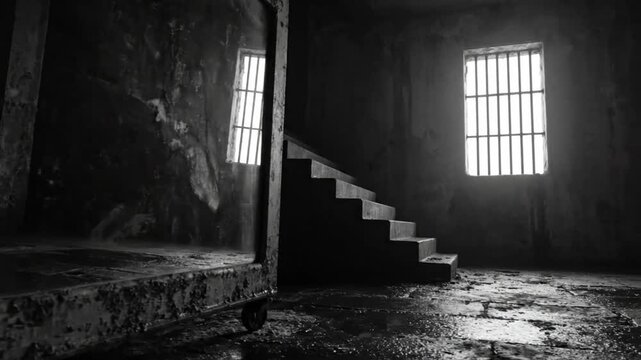 Spooky black and white scene of a rundown building with jail bars and a staircase, conveying a sense of isolation and foreboding