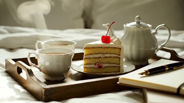 Thoughtful Mother's Day gifts presented on an elegant breakfast bed tray with a delectable cherry cake, warm tea, and a journal creating a peaceful morning ambiance bathed in soft light.