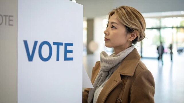 Thoughtful woman at polling station ready to cast her vote