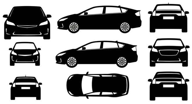 Car Silhouettes: Front, Side, Rear, Top Views of Modern Sedan