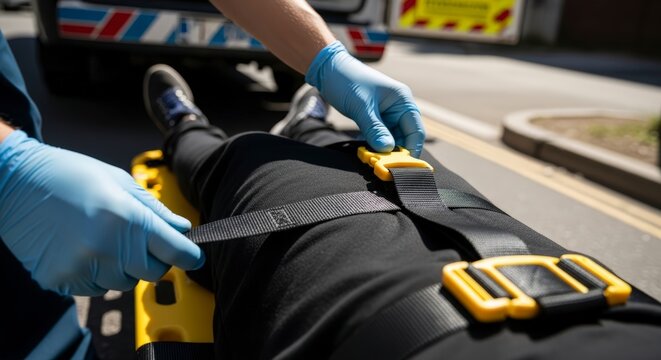 Paramedics securing patient on stretcher.