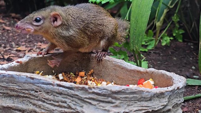 Close up of a tropical squirrel also known as tree shrew sitting on a bowl on a sunny day.

