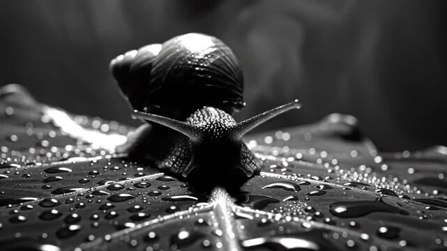 Black and white close up of a snail slowly moving across wet leaf with water droplets in macro shot
