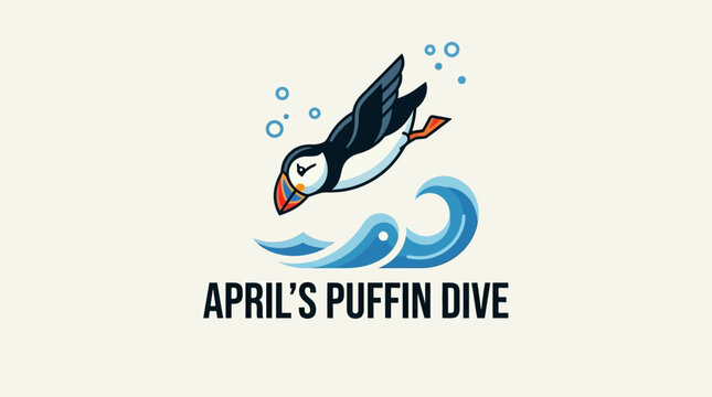 Cute Puffin Diving into Water with Bubbles and Waves