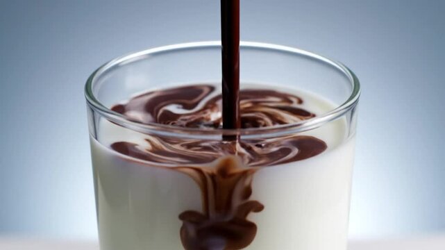 Chocolate syrup swirling into cold milk creating beautiful patterns and textures in a glass