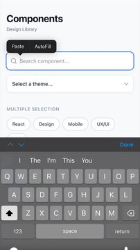 Screen recording of a mobile UI design library featuring input fields, category chips, and a functional chatbot interaction. Concept of UI UX design, app development, and AI integration