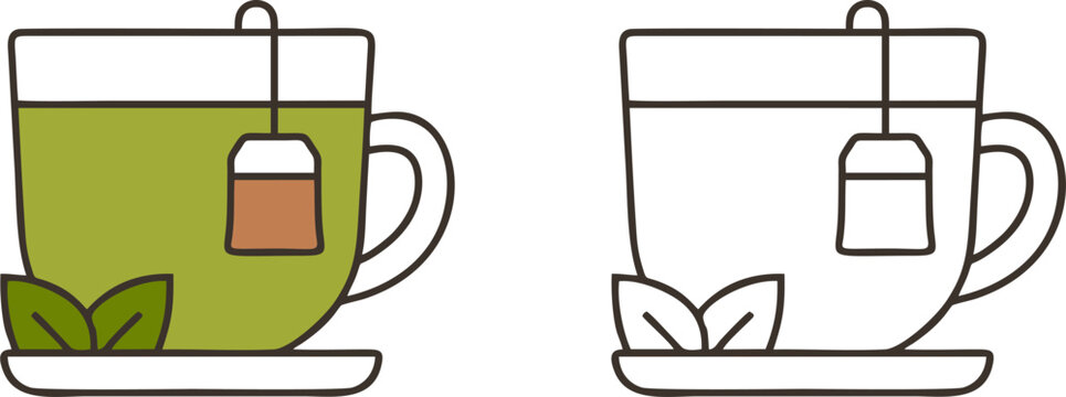 Fresh Green Tea Cup with Leaves and Tea Bag