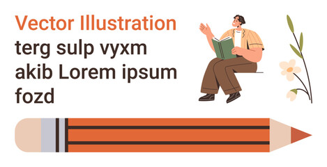 Education, creativity, learning, writing, personal growth, self-expression. Male figure reading a book, pencil floral elements. Education and creativity concept © robu_s