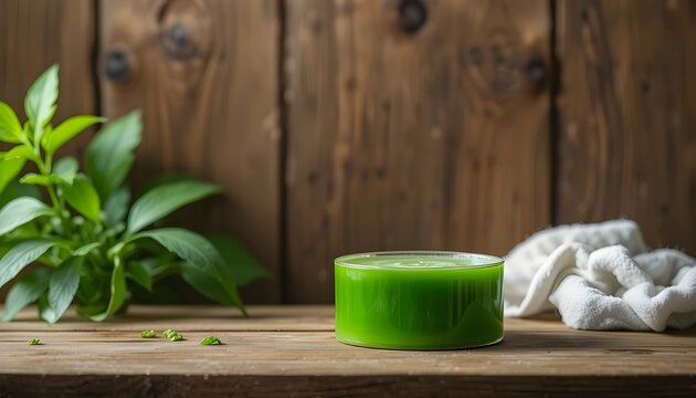 Green product wood background softbox natural light