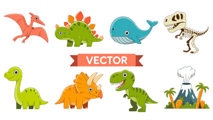 Colorful cartoon dinosaurs and prehistoric creatures in playful designs Vector © AZIFA
