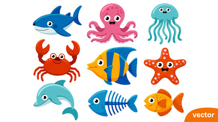 Colorful cartoon sea creatures swimming together in a playful scene Vector © AZIFA
