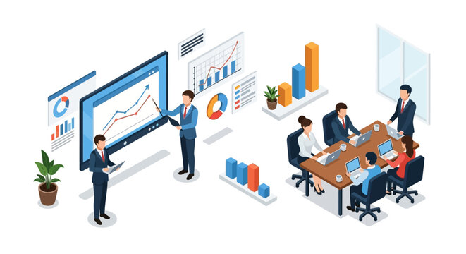 Isometric illustration showing a business presentation with charts and data on a large screen, alongside a meeting of diverse professionals in suits at a conference table with laptops, set