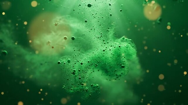 Abstract green ink mixing in water creating beautiful colorful patterns with golden bokeh in the background
